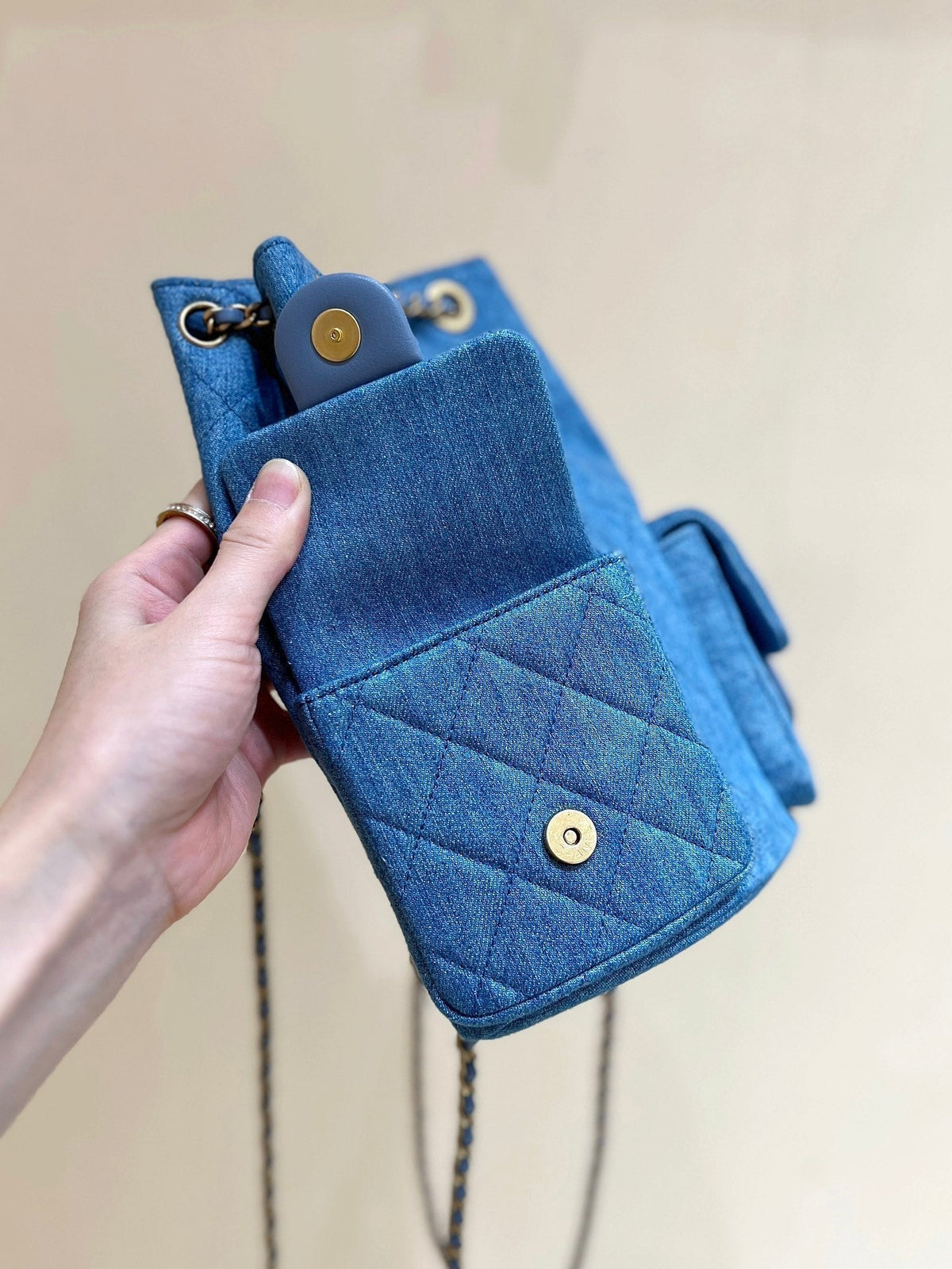 DRAWSTRING BUCKET BACKPACK 24 IN MALIBU BLUE DENIM GOLD HARDWARE